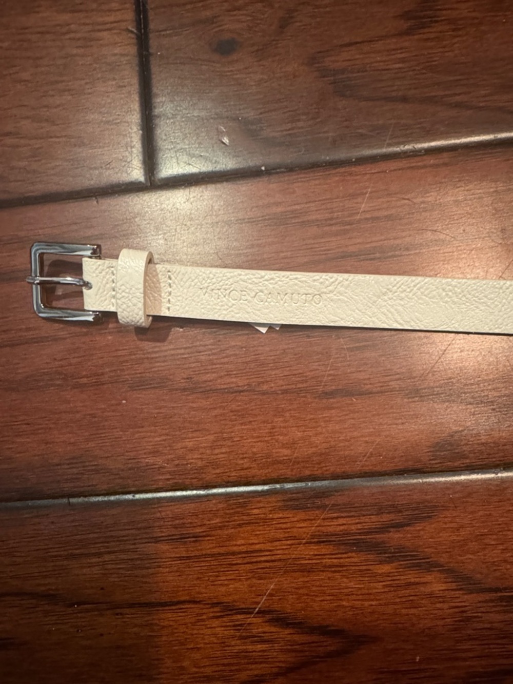 Vince Camuto Slim light beige Leather Belt with Silver Buckle
